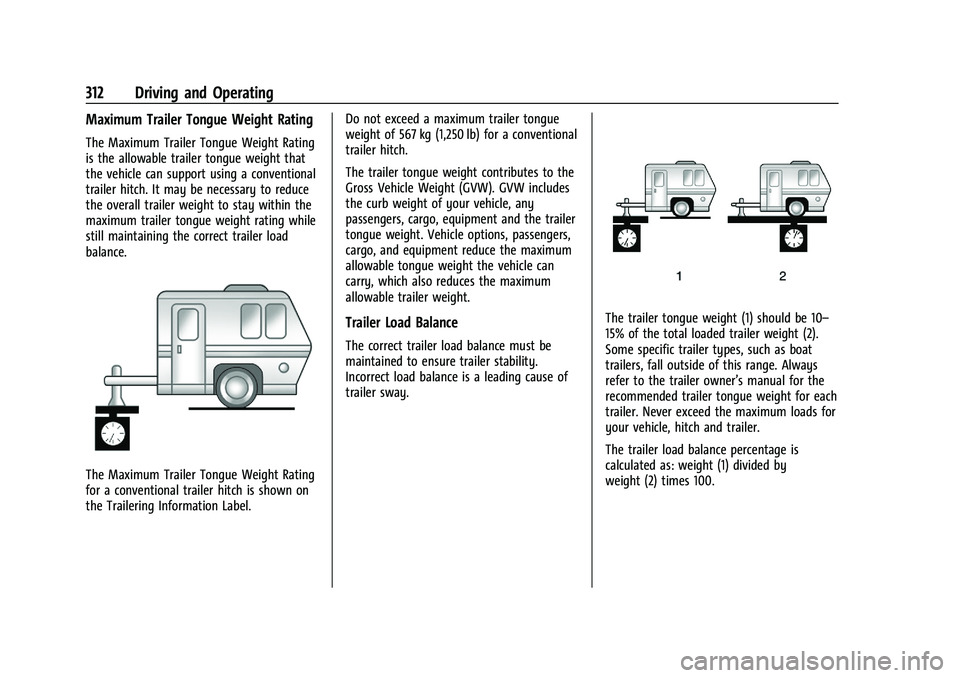 CADILLAC ESCALADE 2023  Owners Manual Cadillac Escalade Owner Manual (GMNA-Localizing-U.S./Canada/Mexico-
16417396) - 2023 - CRC - 5/11/22
312 Driving and Operating
Maximum Trailer Tongue Weight Rating
The Maximum Trailer Tongue Weight Ra