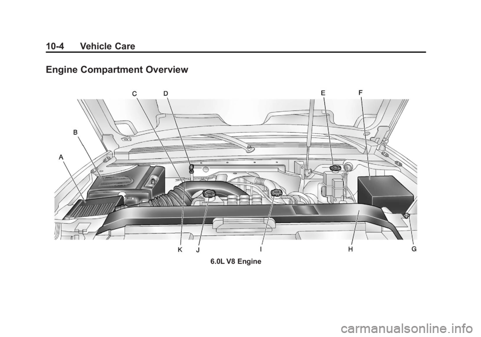 CADILLAC ESCALADE HYBRID 2012  Owners Manual Black plate (4,1)Cadillac Escalade Hybrid - 2012
10-4 Vehicle Care
Engine Compartment Overview
6.0L V8 Engine 