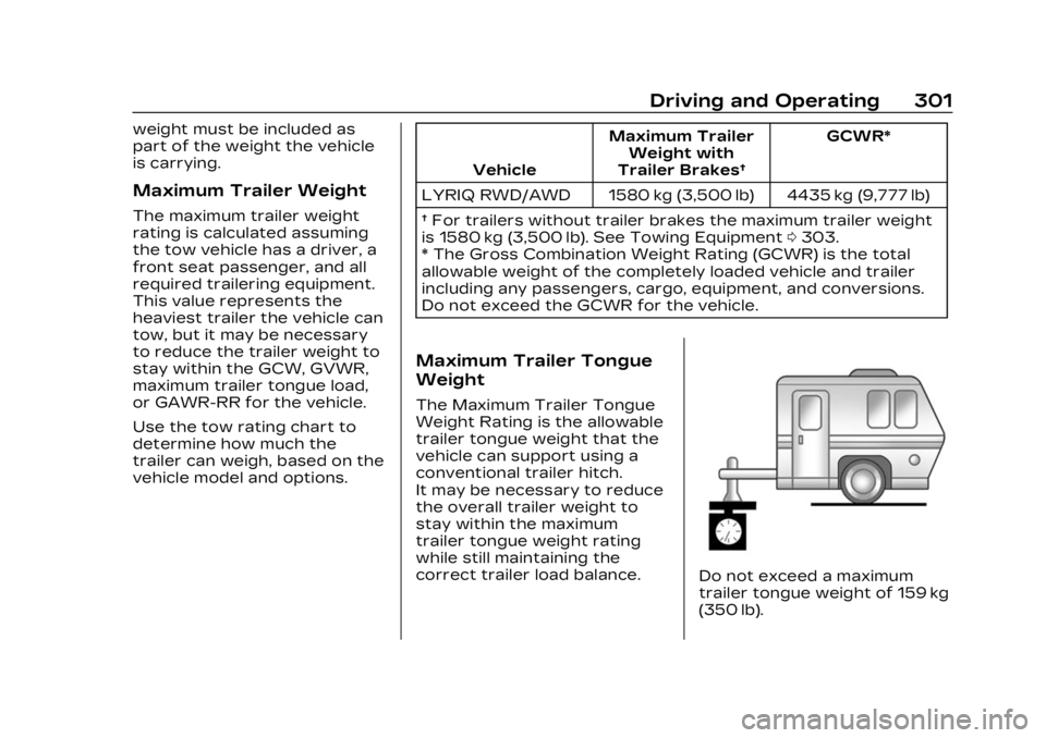 CADILLAC LYRIC 2023  Owners Manual Cadillac Lyriq Owner Manual (GMNA-Localizing-U.S./Canada-15644413) -
2023 - CRC - 2/23/22
Driving and Operating 301
weight must be included as
part of the weight the vehicle
is carrying.
Maximum Trail