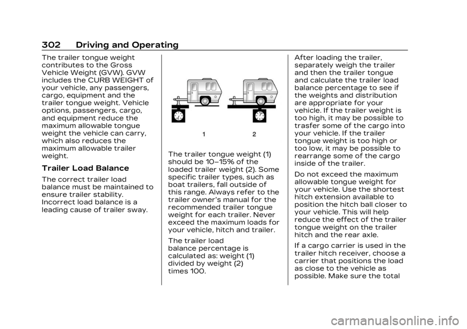 CADILLAC LYRIC 2023  Owners Manual Cadillac Lyriq Owner Manual (GMNA-Localizing-U.S./Canada-15644413) -
2023 - CRC - 2/23/22
302 Driving and Operating
The trailer tongue weight
contributes to the Gross
Vehicle Weight (GVW). GVW
include