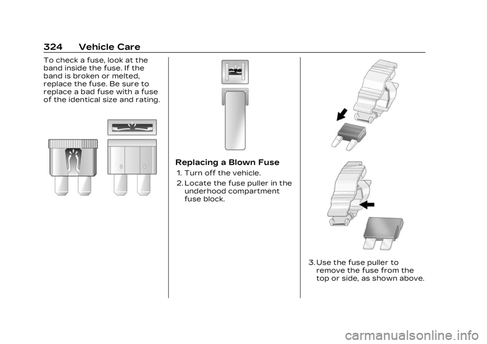 CADILLAC LYRIC 2023  Owners Manual Cadillac Lyriq Owner Manual (GMNA-Localizing-U.S./Canada-15644413) -
2023 - CRC - 2/23/22
324 Vehicle Care
To check a fuse, look at the
band inside the fuse. If the
band is broken or melted,
replace t