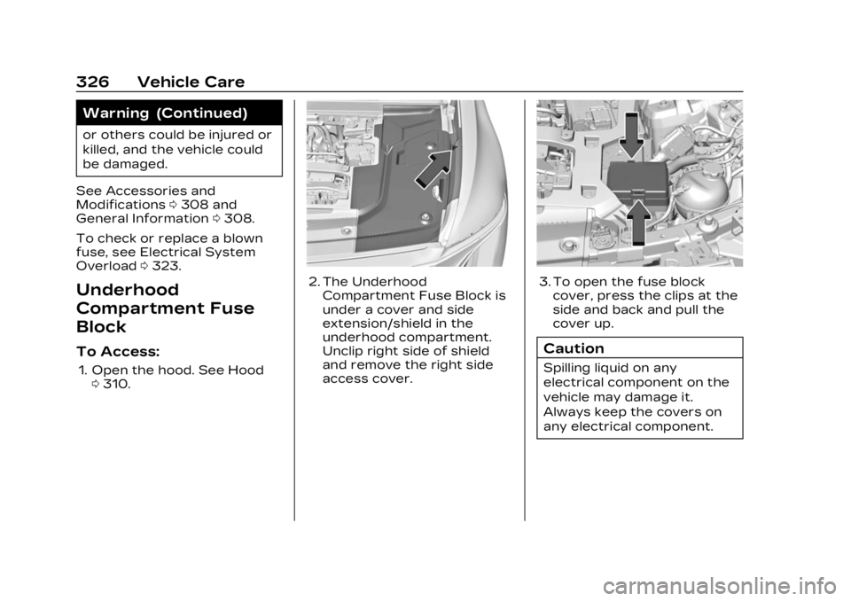 CADILLAC LYRIC 2023  Owners Manual Cadillac Lyriq Owner Manual (GMNA-Localizing-U.S./Canada-15644413) -
2023 - CRC - 2/23/22
326 Vehicle Care
Warning (Continued)
or others could be injured or
killed, and the vehicle could
be damaged.
S