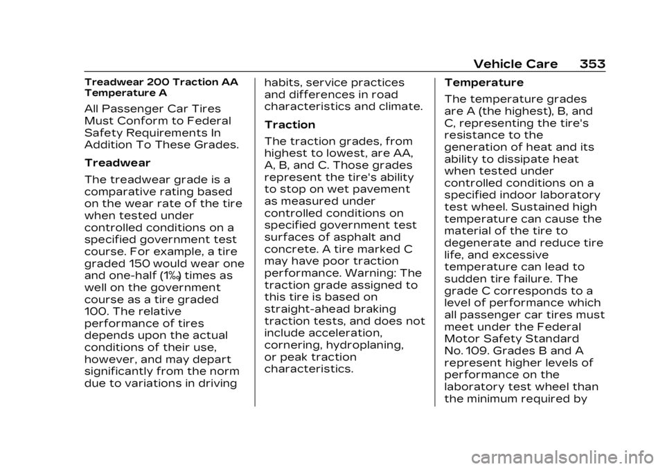 CADILLAC LYRIC 2023  Owners Manual Cadillac Lyriq Owner Manual (GMNA-Localizing-U.S./Canada-15644413) -
2023 - CRC - 2/23/22
Vehicle Care 353
Treadwear 200 Traction AA
Temperature A
All Passenger Car Tires
Must Conform to Federal
Safet