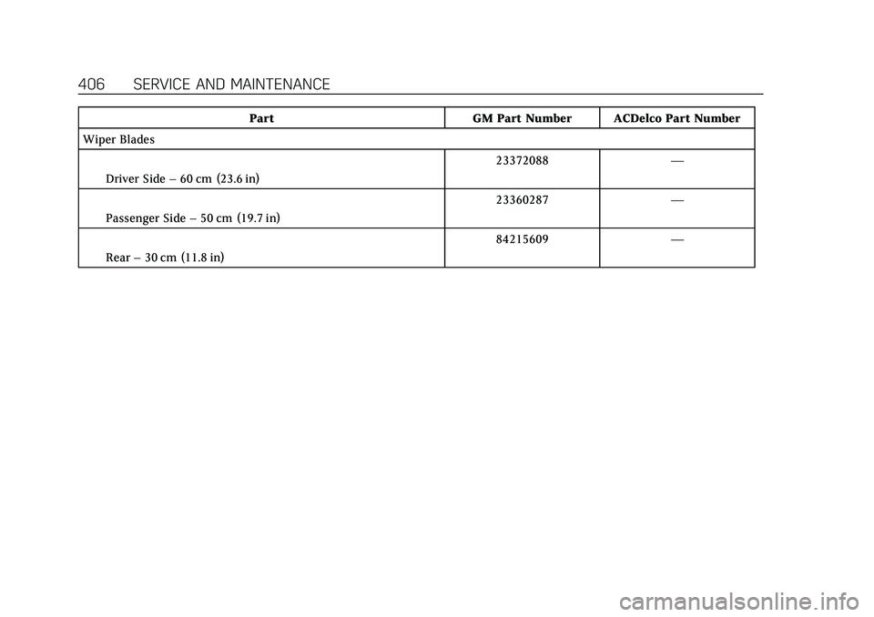 CADILLAC XT6 2022  Owners Manual Cadillac XT6 Owner Manual (GMNA-Localizing-U.S./Canada-15218998) -
2022 - CRC - 10/22/21
406 SERVICE AND MAINTENANCE
PartGM Part Number ACDelco Part Number
Wiper Blades
IDriver Side –60 cm (23.6 in)