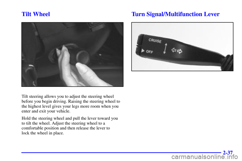 CADILLAC CATERA 2001 1.G Owners Manual 2-37
Tilt Wheel
Tilt steering allows you to adjust the steering wheel
before you begin driving. Raising the steering wheel to
the highest level gives your legs more room when you
enter and exit your v