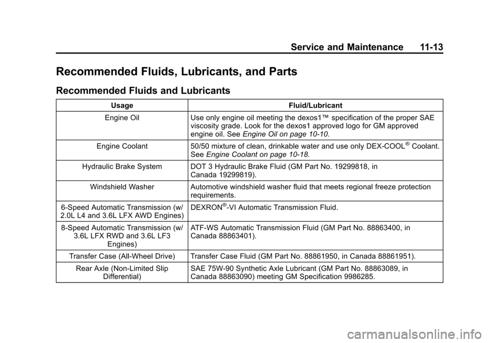 CADILLAC CTS SEDAN 2015 3.G Owners Manual Black plate (13,1)Cadillac CTS Owner Manual (GMNA-Localizing-U.S./Canada/Mexico-
7707478) - 2015 - crc - 10/1/14
Service and Maintenance 11-13
Recommended Fluids, Lubricants, and Parts
Recommended Flu