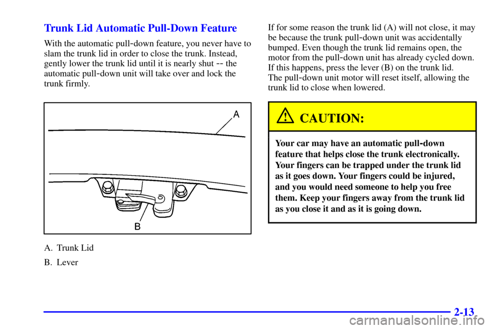 CADILLAC ELDORADO 2001 10.G Owners Manual 2-13 Trunk Lid Automatic Pull-Down Feature
With the automatic pull-down feature, you never have to
slam the trunk lid in order to close the trunk. Instead,
gently lower the trunk lid until it is nearl CADILLAC ELDORADO 2001 10.G Owners Manual 2-13 Trunk Lid Automatic Pull-Down Feature
With the automatic pull-down feature, you never have to
slam the trunk lid in order to close the trunk. Instead,
gently lower the trunk lid until it is nearl
