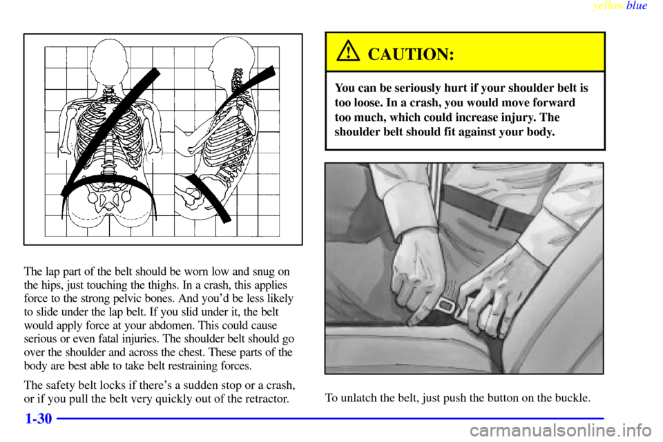 CADILLAC ELDORADO 1999 10.G Owners Manual yellowblue     
1-30
The lap part of the belt should be worn low and snug on
the hips, just touching the thighs. In a crash, this applies
force to the strong pelvic bones. And youd be less likely
to 