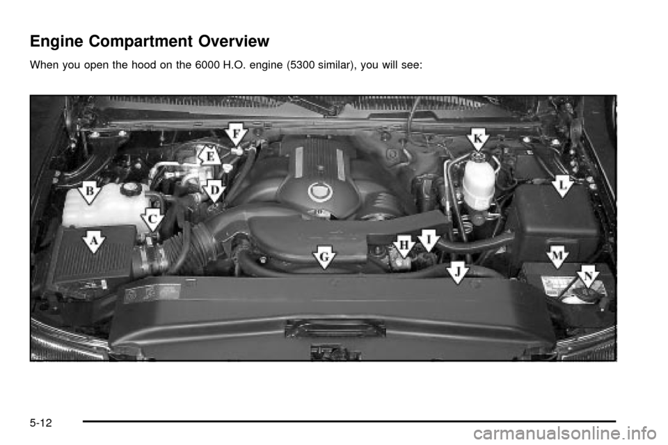 CADILLAC ESCALADE 2003 2.G Owners Manual Engine Compartment Overview
When you open the hood on the 6000 H.O. engine (5300 similar), you will see:
5-12 