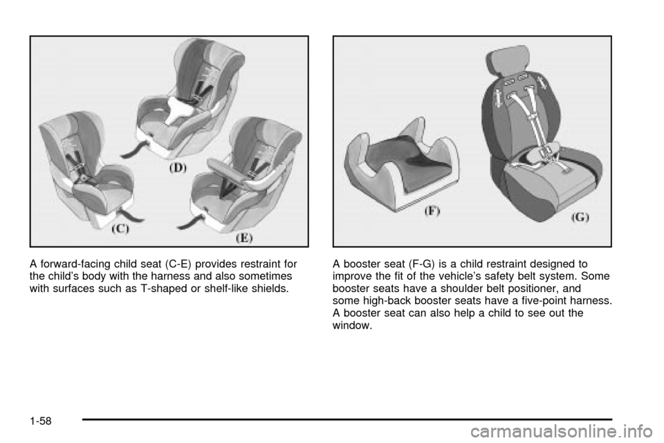 CADILLAC ESCALADE 2003 2.G Owners Manual A forward-facing child seat (C-E) provides restraint for
the childs body with the harness and also sometimes
with surfaces such as T-shaped or shelf-like shields.A booster seat (F-G) is a child restr