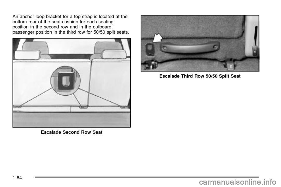 CADILLAC ESCALADE 2003 2.G Owners Manual An anchor loop bracket for a top strap is located at the
bottom rear of the seat cushion for each seating
position in the second row and in the outboard
passenger position in the third row for 50/50 s