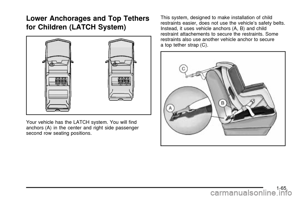 CADILLAC ESCALADE 2003 2.G Owners Manual Lower Anchorages and Top Tethers
for Children (LATCH System)
Your vehicle has the LATCH system. You will ®nd
anchors (A) in the center and right side passenger
second row seating positions.This syste