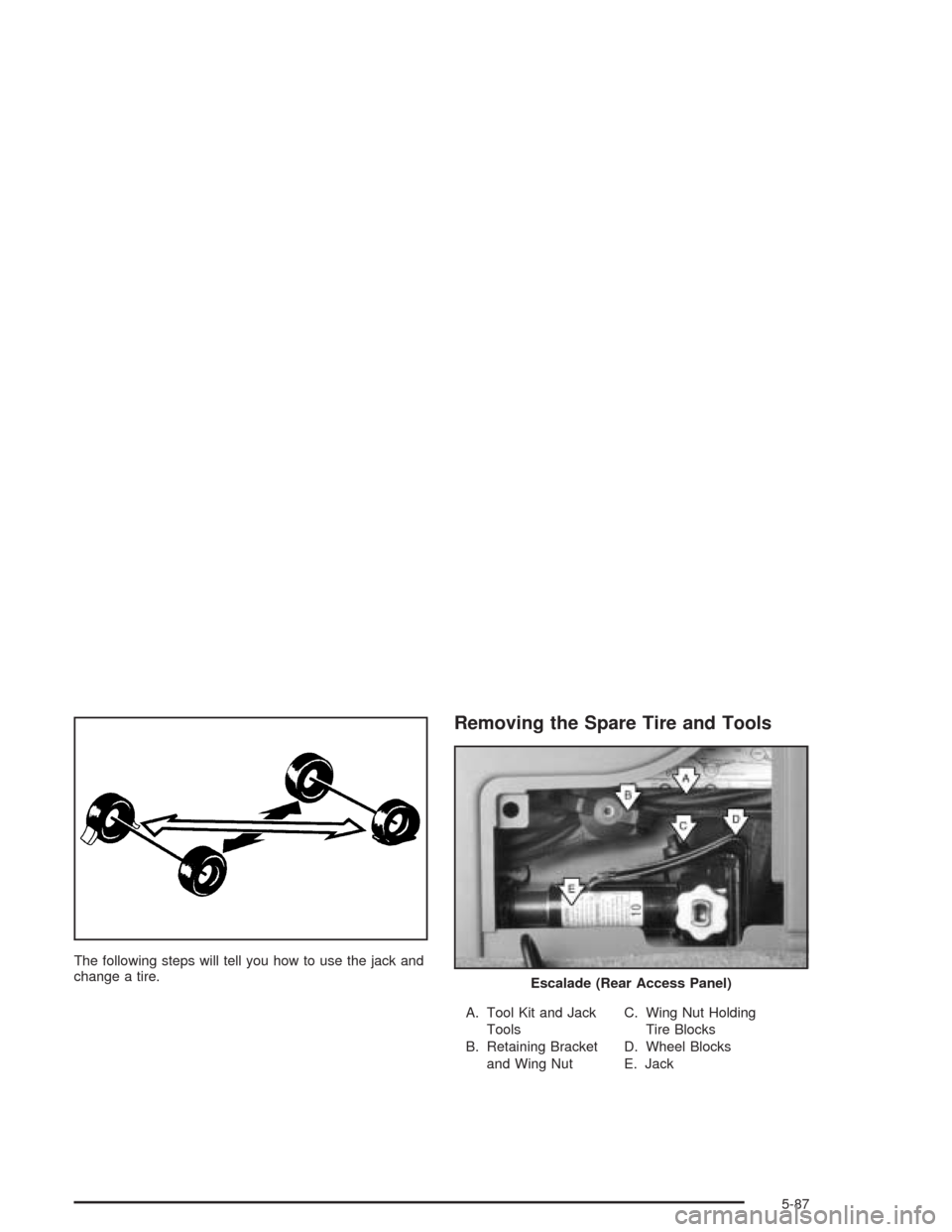 CADILLAC ESCALADE 2004 2.G Owners Manual The following steps will tell you how to use the jack and
change a tire.
Removing the Spare Tire and Tools
A. Tool Kit and Jack
Tools
B. Retaining Bracket
and Wing NutC. Wing Nut Holding
Tire Blocks
D