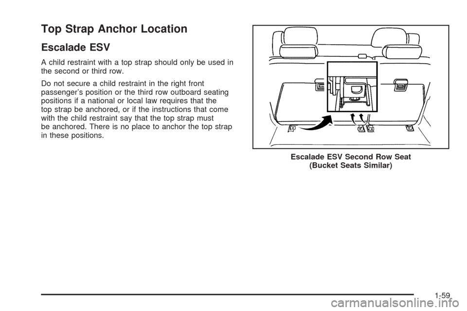 CADILLAC ESCALADE 2005 2.G Owners Manual Top Strap Anchor Location
Escalade ESV
A child restraint with a top strap should only be used in
the second or third row.
Do not secure a child restraint in the right front
passenger’s position or t