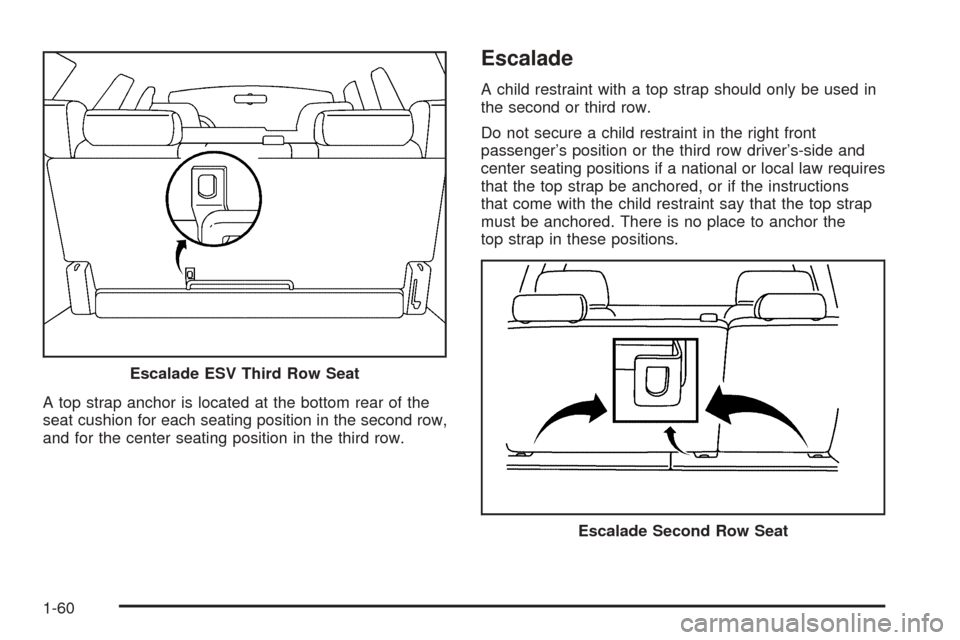 CADILLAC ESCALADE 2005 2.G Owners Manual A top strap anchor is located at the bottom rear of the
seat cushion for each seating position in the second row,
and for the center seating position in the third row.
Escalade
A child restraint with 