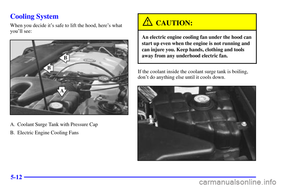 CADILLAC SEVILLE 2000 5.G Owners Manual 5-12
Cooling System
When you decide its safe to lift the hood, heres what
youll see:
A. Coolant Surge Tank with Pressure Cap
B. Electric Engine Cooling Fans
CAUTION:
An electric engine cooling fan 