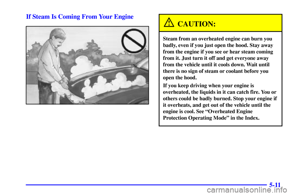 CADILLAC SEVILLE 2002 5.G Owners Manual 5-11 If Steam Is Coming From Your Engine
CAUTION:
Steam from an overheated engine can burn you
badly, even if you just open the hood. Stay away
from the engine if you see or hear steam coming
from it.