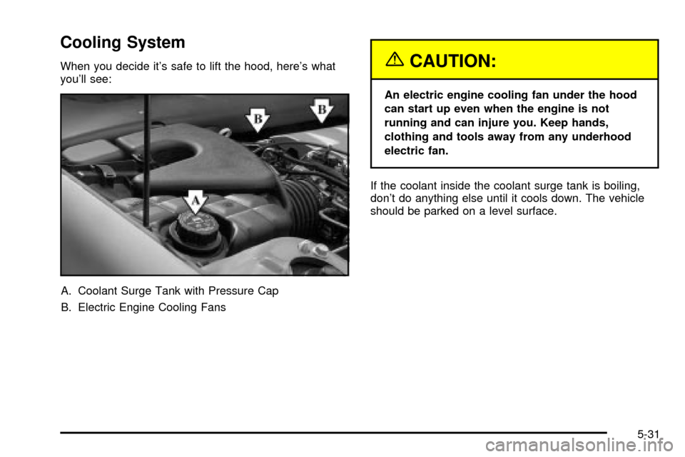 CADILLAC SEVILLE 2003 5.G Owners Manual Cooling System
When you decide its safe to lift the hood, heres what
youll see:
A. Coolant Surge Tank with Pressure Cap
B. Electric Engine Cooling Fans{CAUTION:
An electric engine cooling fan under