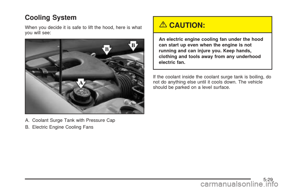 CADILLAC SEVILLE 2004 5.G Owners Manual Cooling System
When you decide it is safe to lift the hood, here is what
you will see:
A. Coolant Surge Tank with Pressure Cap
B. Electric Engine Cooling Fans{CAUTION:
An electric engine cooling fan u