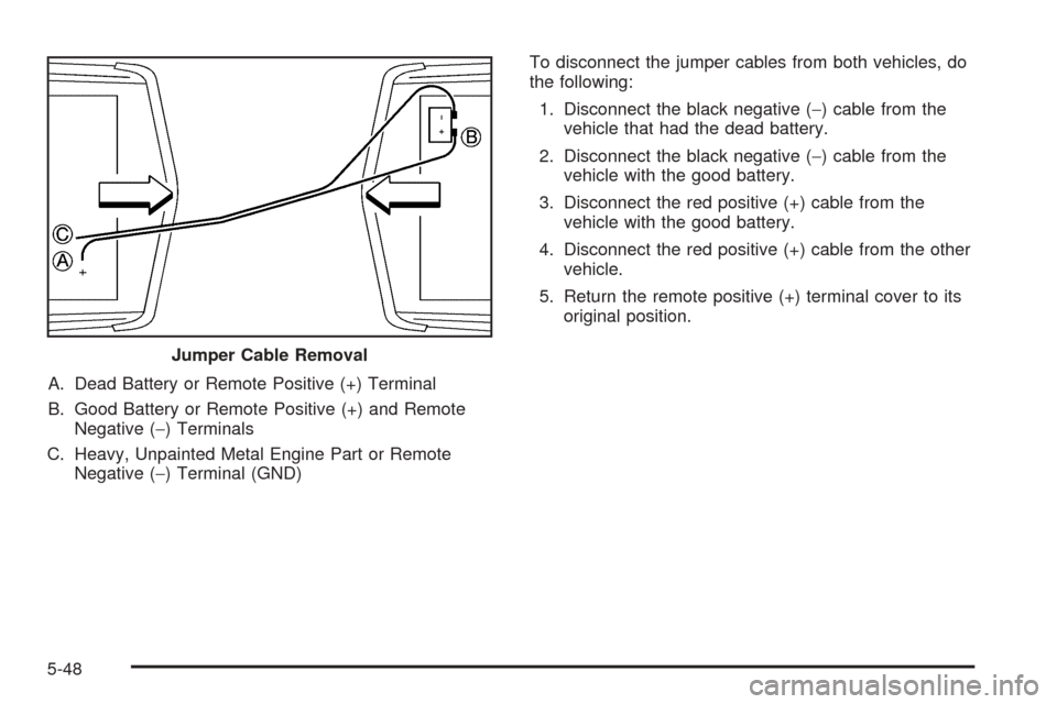 CADILLAC SEVILLE 2004 5.G Owners Manual A. Dead Battery or Remote Positive (+) Terminal
B. Good Battery or Remote Positive (+) and Remote
Negative (−) Terminals
C. Heavy, Unpainted Metal Engine Part or Remote
Negative (−) Terminal (GND)
