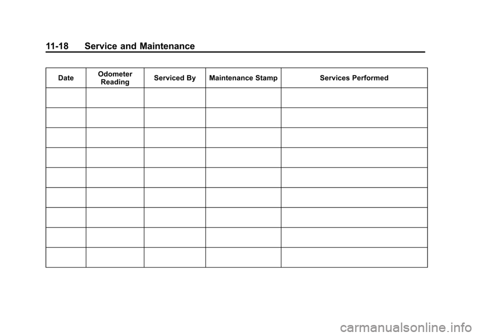 CADILLAC SRX 2012 2.G Owners Manual Black plate (18,1)Cadillac SRX Owner Manual (Include Mex) - 2012
11-18 Service and Maintenance
DateOdometer
Reading Serviced By Maintenance Stamp Services Performed 