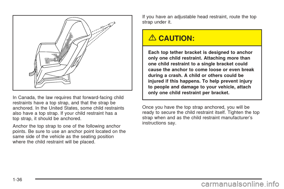 CADILLAC STS 2005 1.G Owners Manual In Canada, the law requires that forward-facing child
restraints have a top strap, and that the strap be
anchored. In the United States, some child restraints
also have a top strap. If your child rest