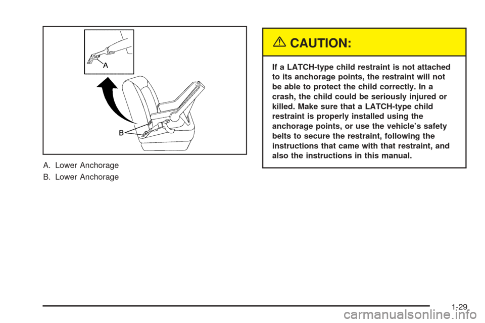 CADILLAC XLR 2005 1.G Owners Manual A. Lower Anchorage
B. Lower Anchorage
{CAUTION:
If a LATCH-type child restraint is not attached
to its anchorage points, the restraint will not
be able to protect the child correctly. In a
crash, the 