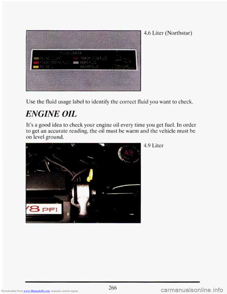CADILLAC ELDORADO 1993 10.G Owners Manual Downloaded from www.Manualslib.com manuals search engine 4.6 Liter (Northstar) 
Use  the  fluid usage label  to identify  the correct  fluid 
you want to check. 
ENGINE OIL 
Its a good  idea to check