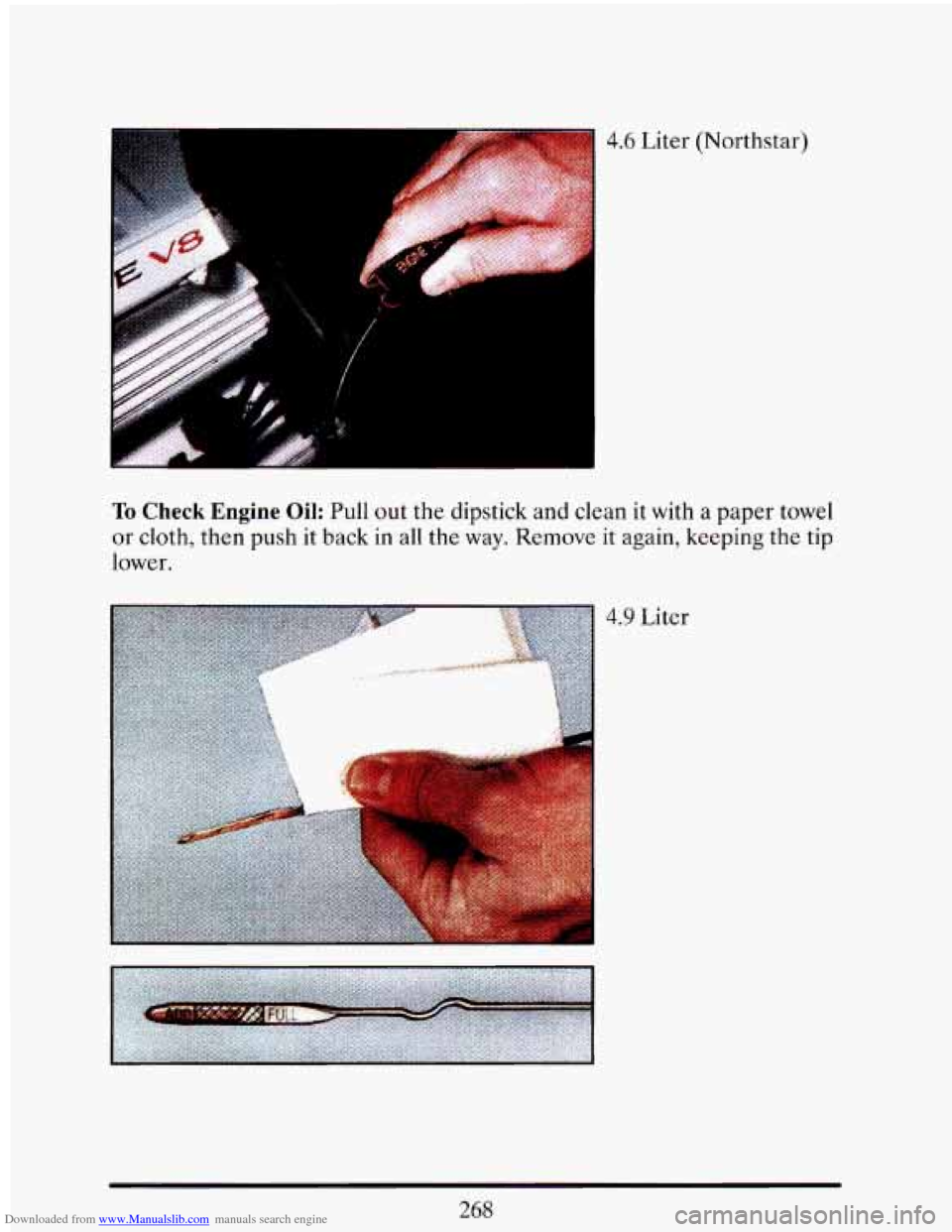 CADILLAC ELDORADO 1993 10.G Owners Manual Downloaded from www.Manualslib.com manuals search engine 4.6 Liter  (Northstar) 
To Check  Engine  Oil: Pull out  the dipstick  and  clean it with a paper towel 
or cloth, then push  it back in all th