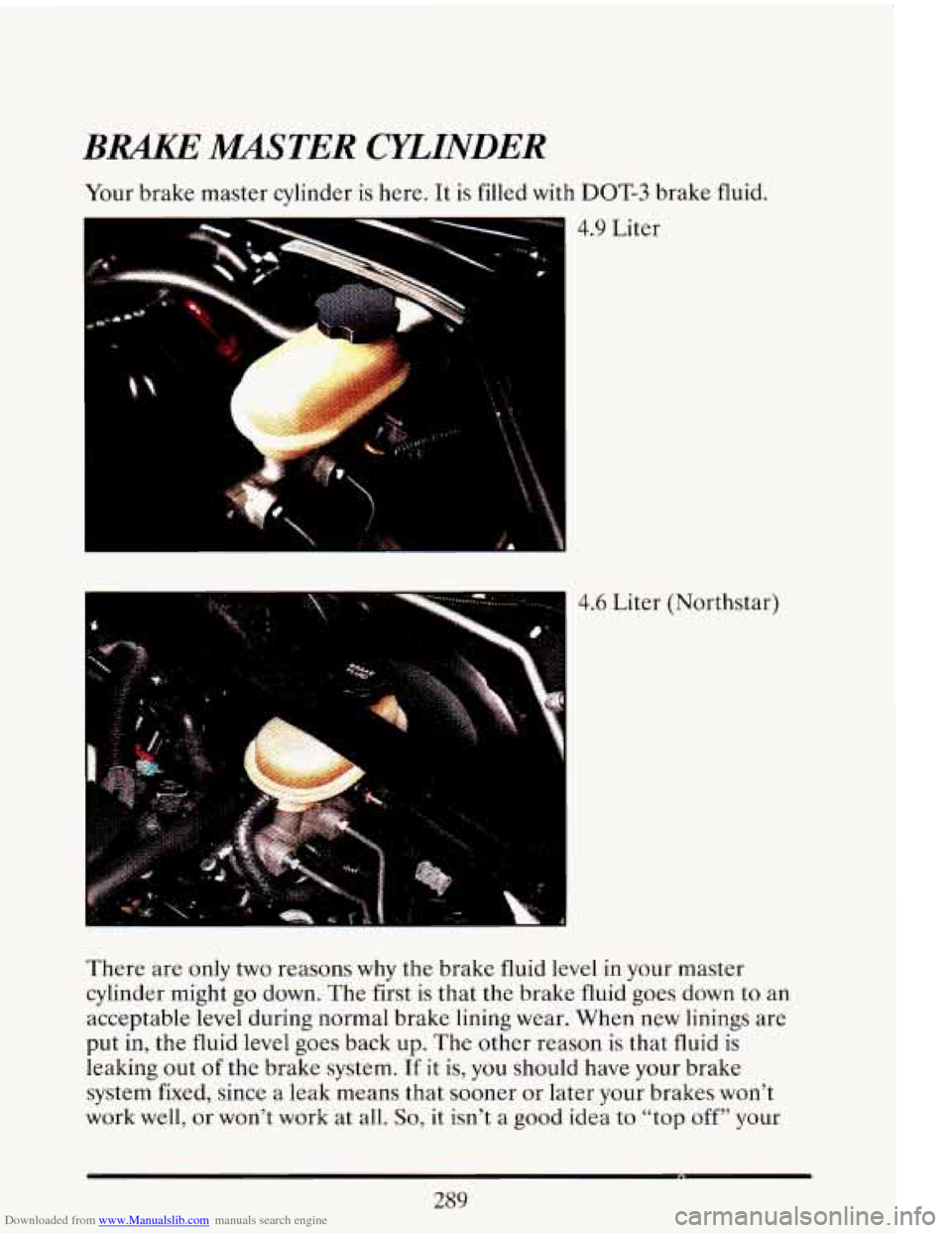 CADILLAC ELDORADO 1993 10.G Owners Manual Downloaded from www.Manualslib.com manuals search engine BRAKE M!XSTER CYLINDER 
Your brake  master  cylinder is here.  It is filled  with DOT-3 brake  fluid. 
4.9 Liter 
4.6 Liter (Northstar) 
There 