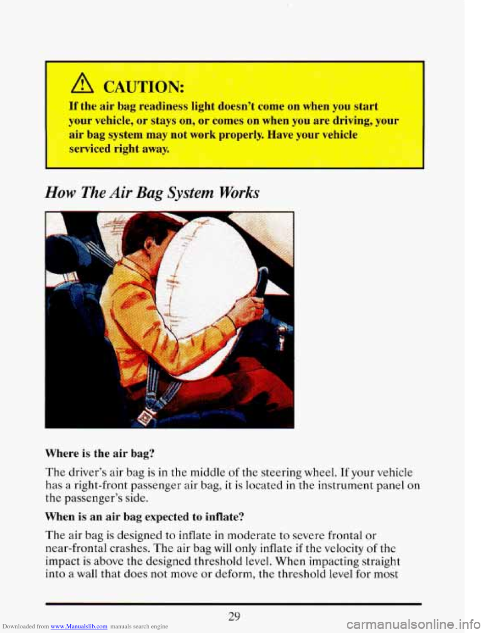 CADILLAC ELDORADO 1993 10.G Owners Manual Downloaded from www.Manualslib.com manuals search engine I 
How The Air Bag System Works 
Where  is the  air bag? 
The  driver’s  air  bag is in the middle  of the  steering  wheel. If your  vehicle