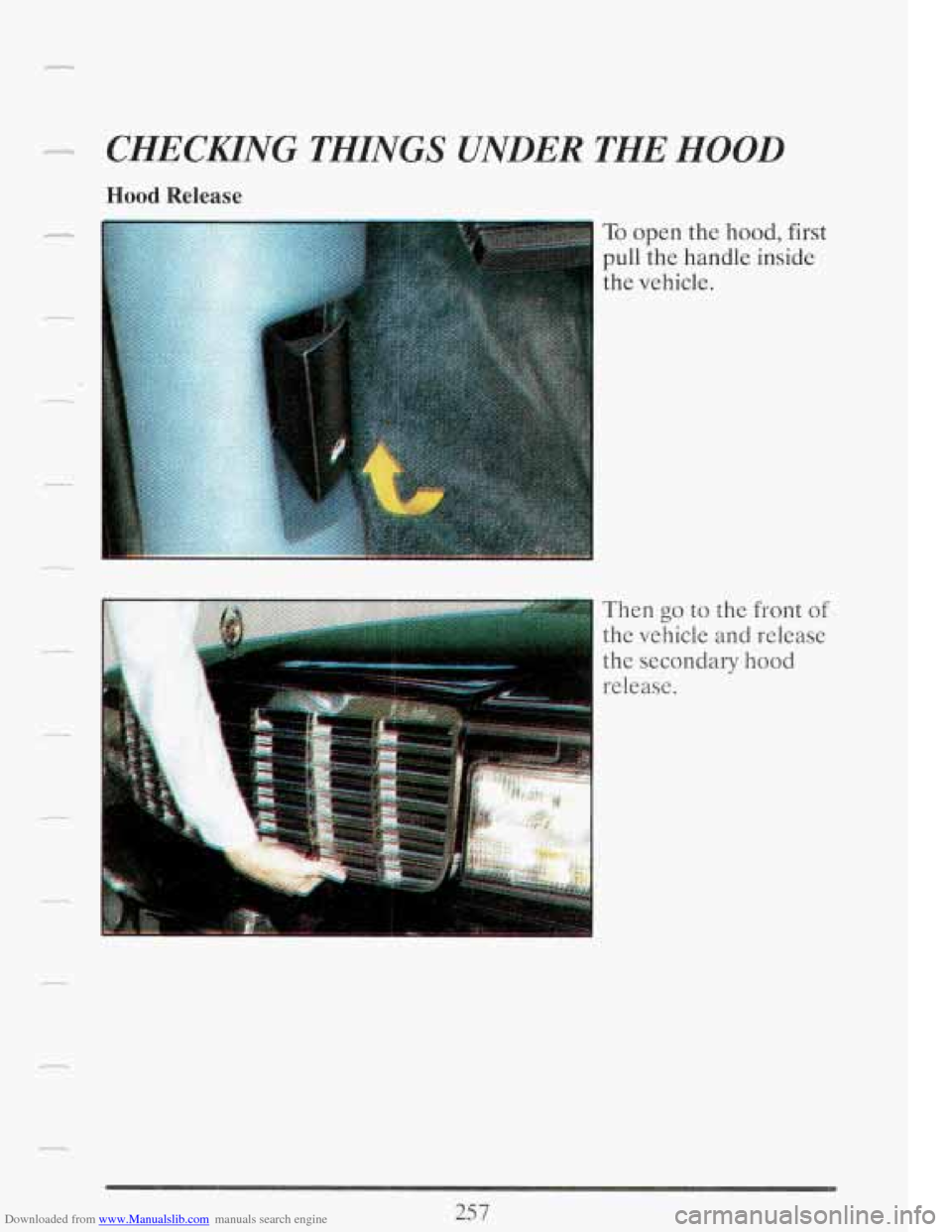 CADILLAC FLEETWOOD 1993 2.G Owners Manual Downloaded from www.Manualslib.com manuals search engine - CHECKING  THINGS UNDER THE HOOD 
Hood Release 
To open  the  hood, first 
pull  the handle  inside 
the  vehicle. 
Then 
go to  the  front of