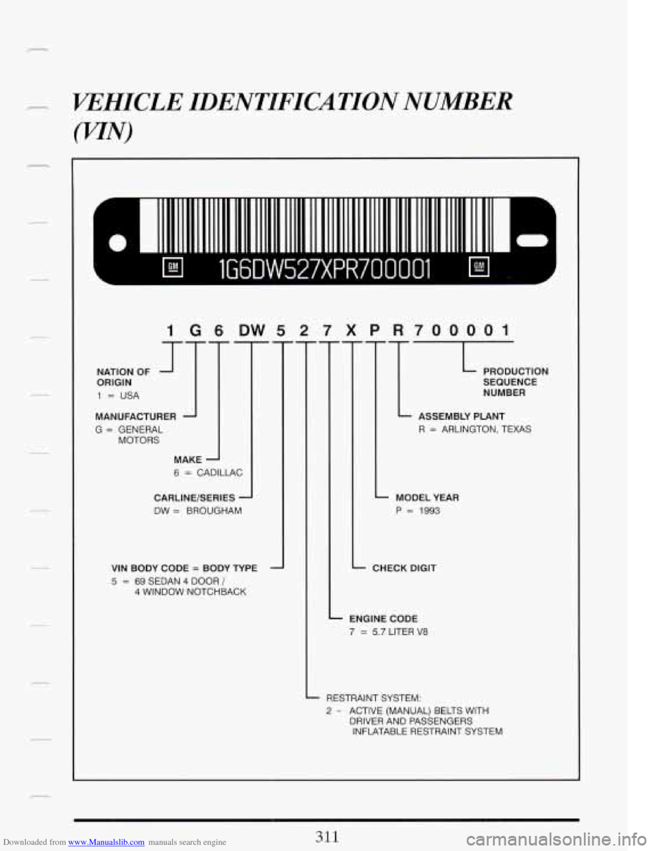 CADILLAC FLEETWOOD 1993 2.G Owners Manual Downloaded from www.Manualslib.com manuals search engine r 
KEHICLE IDENTIFICATION  NUMBER 
(WN) 
0 rnII I111 I II 1111 I It II 1111 II 1111 I111 111 111 II 1111 I II II 1111 II 1111 I111 II 
lG6DW527