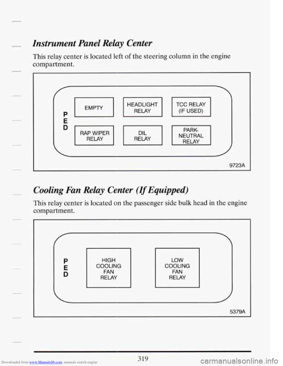 CADILLAC FLEETWOOD 1993 2.G Owners Manual Downloaded from www.Manualslib.com manuals search engine Instrument  Panel  Relay  Center 
This relay  center  is located  left of the steering  column 
compartment.  in 
the  engine 
1 EMPTY 1 I RELA