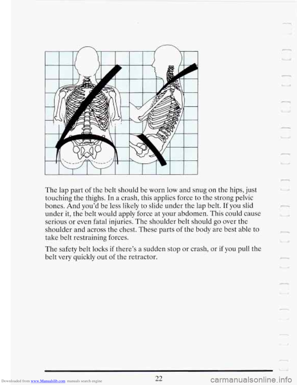 CADILLAC FLEETWOOD 1993 2.G Owners Manual Downloaded from www.Manualslib.com manuals search engine The  lap  part of the  belt should  be worn  low and  snug  on  the  hips, just 
touching  the thighs. In  a crash,  this applies  force 
to th