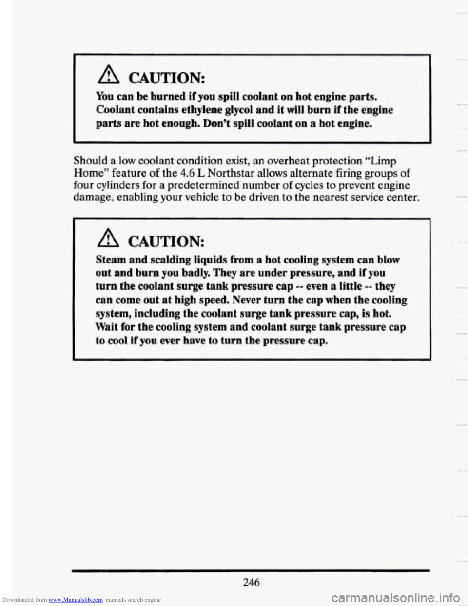 CADILLAC SEVILLE 1993 4.G Owners Manual Downloaded from www.Manualslib.com manuals search engine A CAUTION:
You can be burned if you spill coolant on hot engine parts.
Coolant contains ethylene glycol and
it will burn if the engin CADILLAC SEVILLE 1993 4.G Owners Manual Downloaded from www.Manualslib.com manuals search engine A CAUTION:
You can be burned if you spill coolant on hot engine parts.
Coolant contains ethylene glycol and
it will burn if the engin