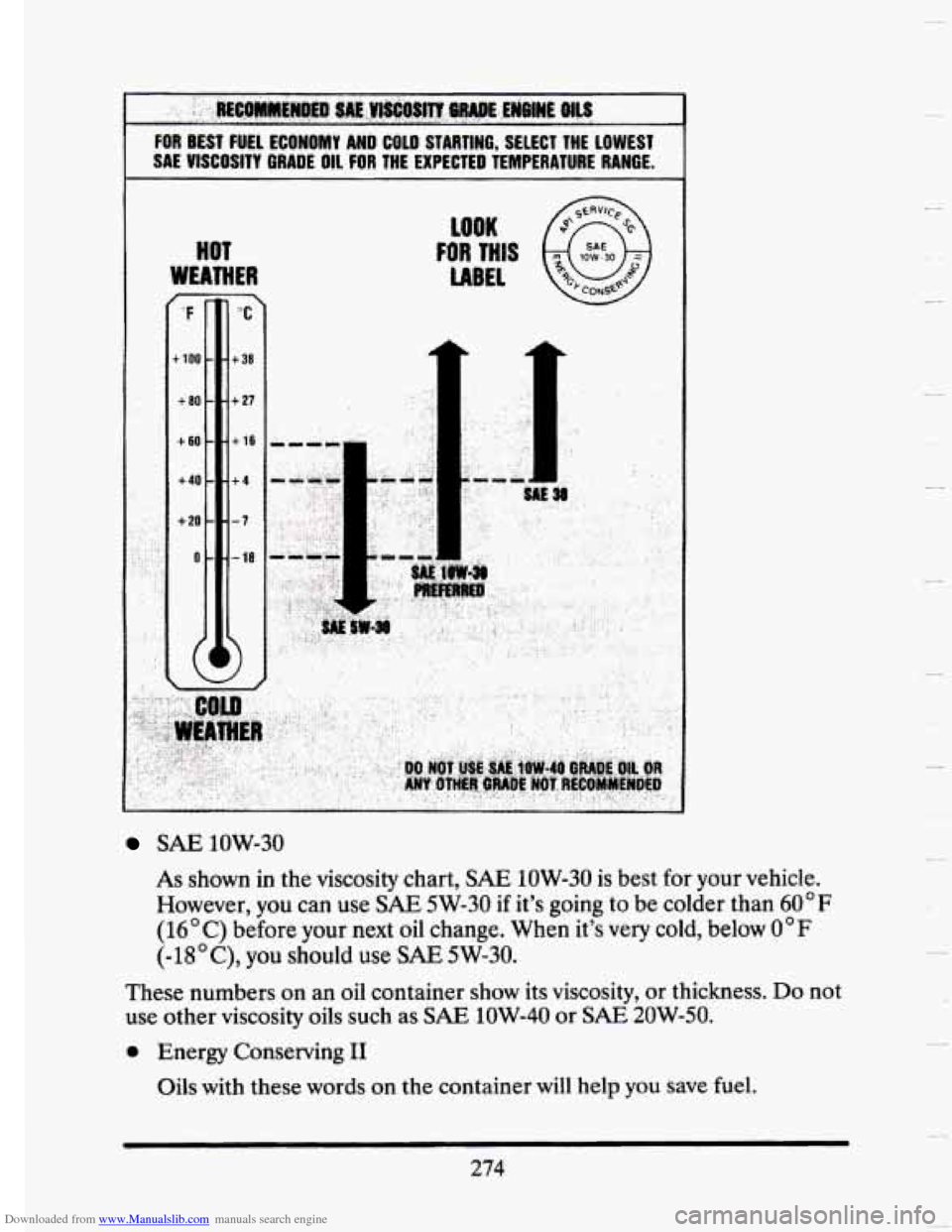 CADILLAC SEVILLE 1993 4.G Owners Manual Downloaded from www.Manualslib.com manuals search engine i 
m .?.: ; ,:, : .. ..... .. .,.. >. .  . 1 $&,x,- ~~:~ x-:. , . 
FOR BEST FUEL ECONOMY  AND COLD  STARTING,  SELECT  THE  LOWEST 
SAE  VISC