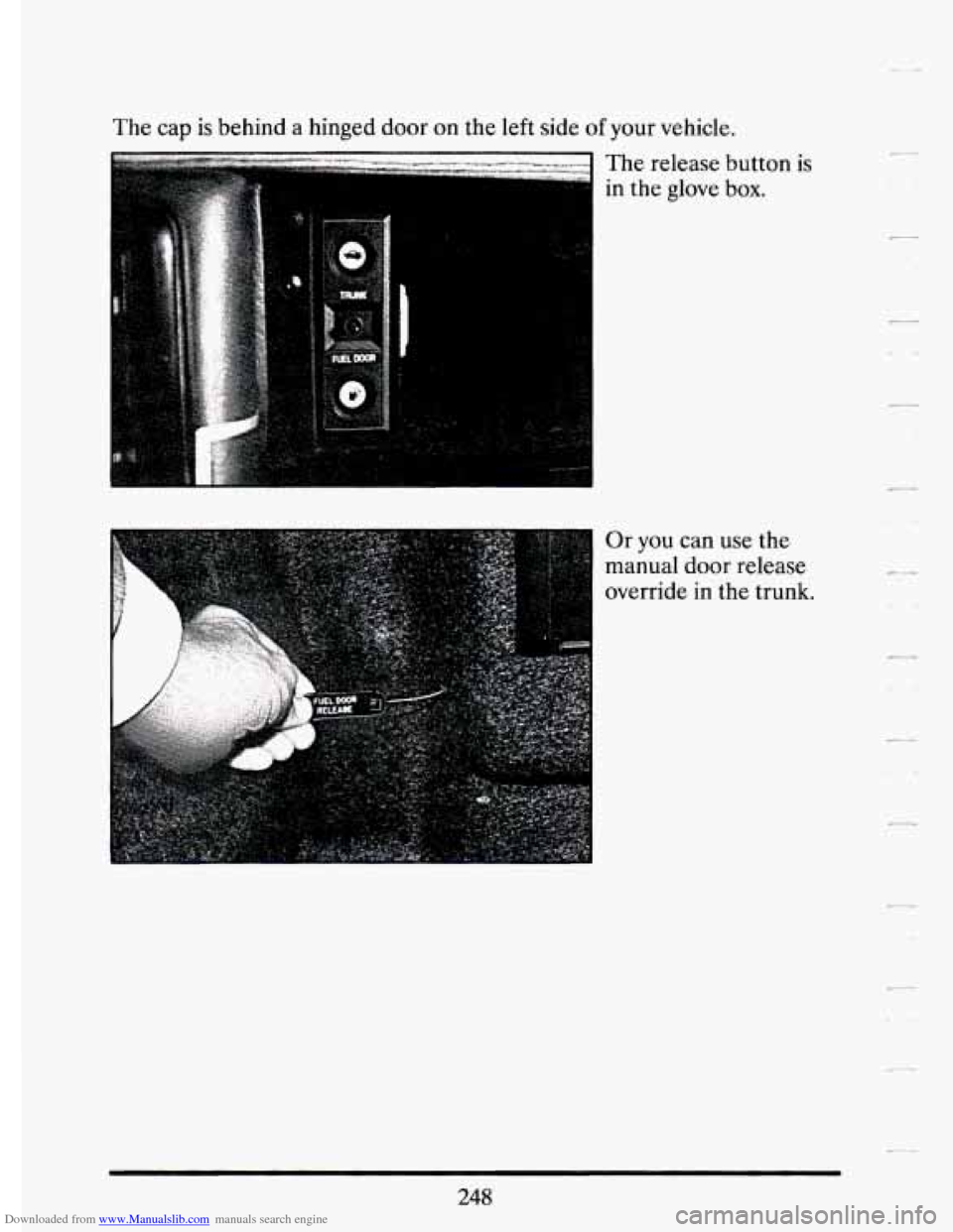 CADILLAC ELDORADO 1994 10.G Owners Manual Downloaded from www.Manualslib.com manuals search engine The cap is behind a hinged  door on the left  side of your  vehicle. 
The  release 
in  the  glove 
button is 
box. 
Or you  can  use  the 
man
