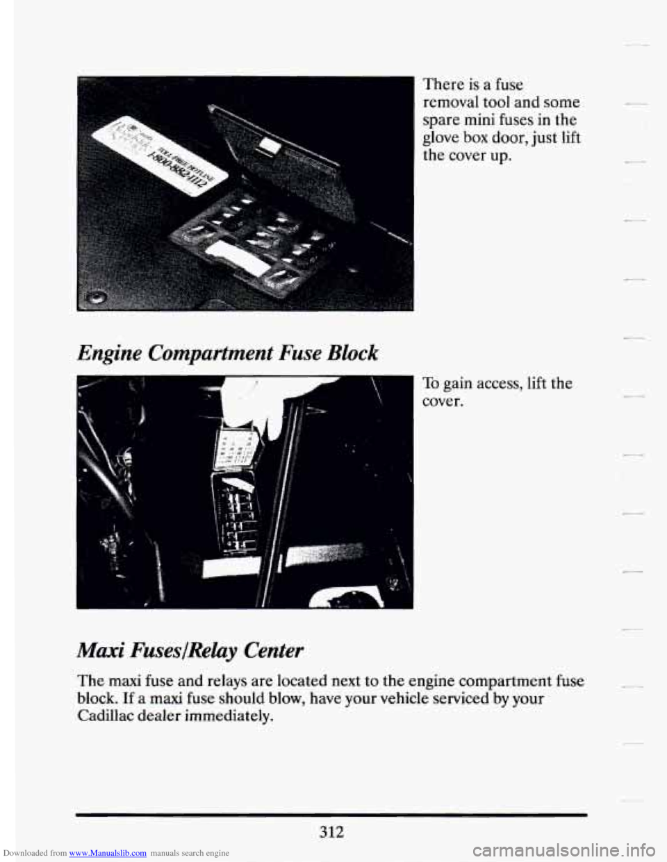 CADILLAC ELDORADO 1994 10.G Owners Manual Downloaded from www.Manualslib.com manuals search engine There is a fuse 
removal  tool  and some 
spare 
mini fuses  in  the 
glove  box  door, just 
lift 
the cover  up. 
hgine  Compartment  Fuse Bl