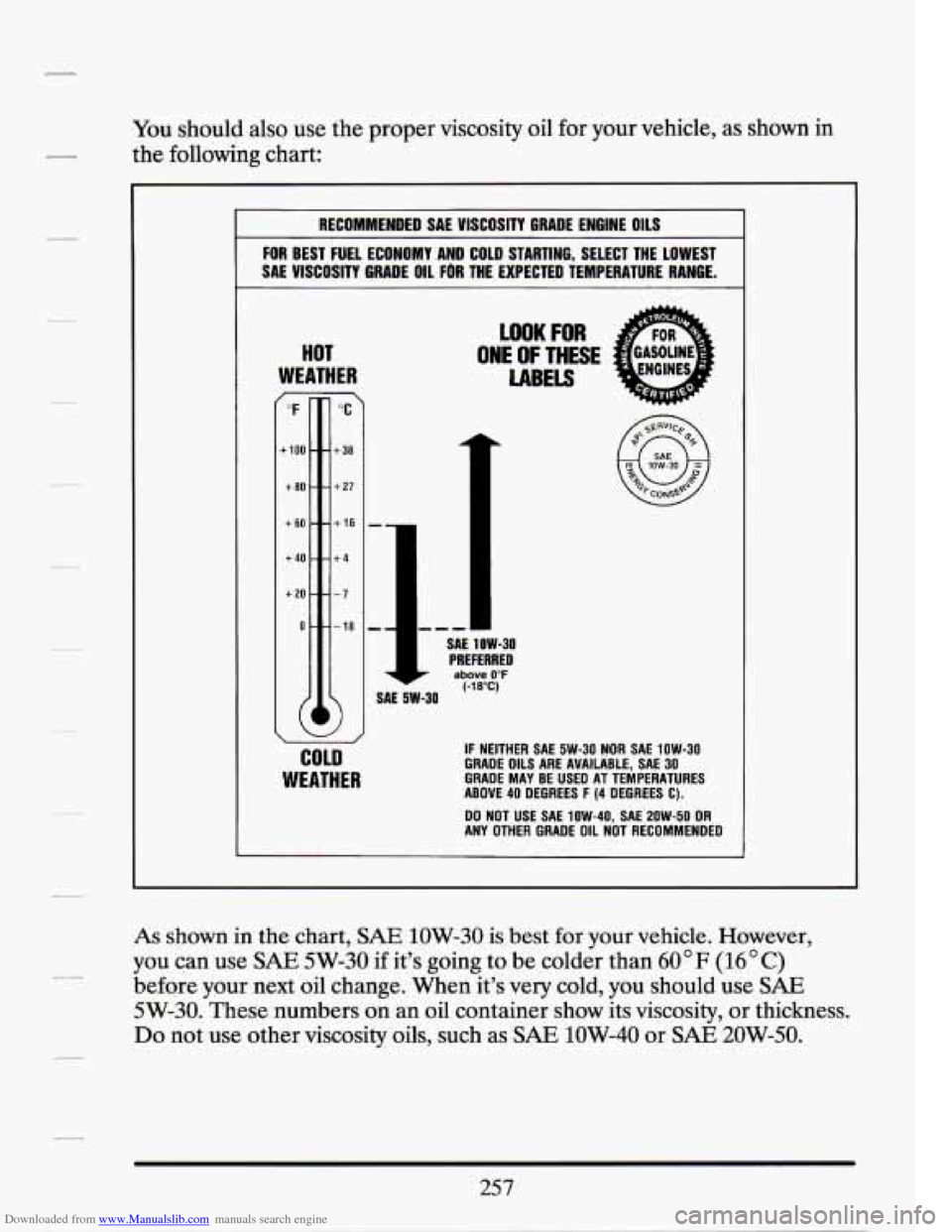 CADILLAC SEVILLE 1994 4.G Owners Manual Downloaded from www.Manualslib.com manuals search engine You should also use the proper viscosity oil for your vehicle, as shown in
the following chart:
RECOMMENDED SAE VISCOSITY GRADE ENG CADILLAC SEVILLE 1994 4.G Owners Manual Downloaded from www.Manualslib.com manuals search engine You should also use the proper viscosity oil for your vehicle, as shown in
the following chart:
RECOMMENDED SAE VISCOSITY GRADE ENG