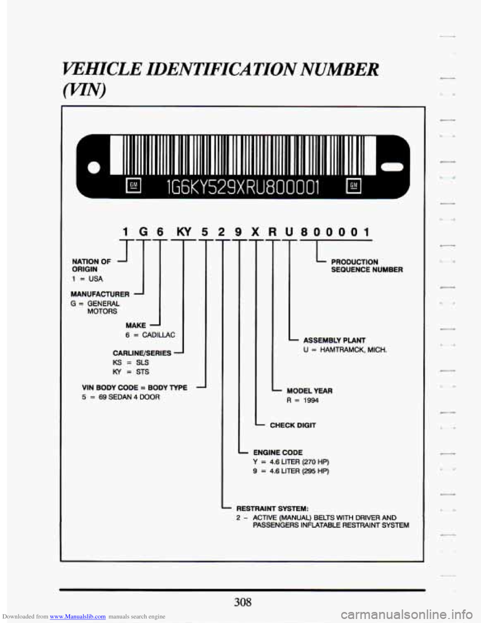 CADILLAC SEVILLE 1994 4.G Owners Manual Downloaded from www.Manualslib.com manuals search engine WHICLE IDENTIFICATION NUMBER 
(Jw) 
Eil lG6KY529XRU800001 
1 G 6 KY 5  2 9 X  R U800001 
G = GENERAL 
MOTORS 
MAKE 
T 
- 
6 = CADILLAC 
CARLINU