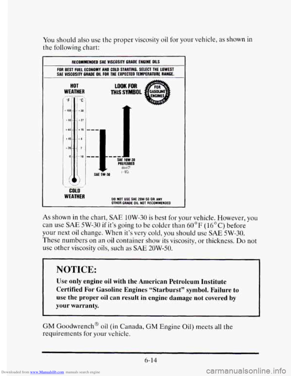 CADILLAC ELDORADO 1995 10.G Owners Manual Downloaded from www.Manualslib.com manuals search engine You should also use the  proper  viscosity  oil  for your vehicle, as shown in 
the following chart: 
I RECOMMENDED  SAE YISCOSITY GRADE ENGINE