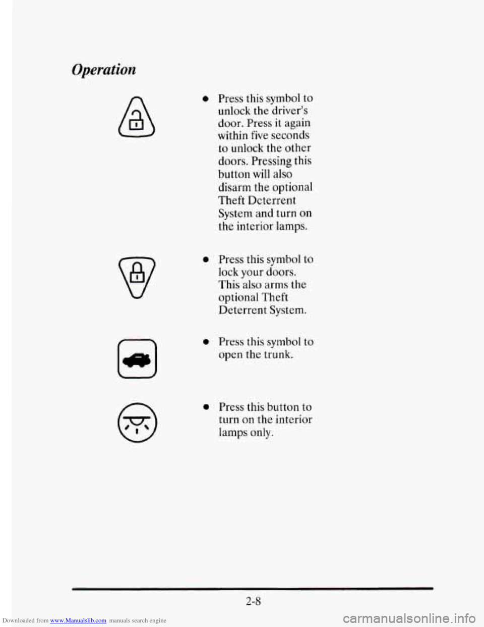CADILLAC ELDORADO 1995 10.G Owners Manual Downloaded from www.Manualslib.com manuals search engine Operation 
w 
c- 1 
- 
0 Press this symbol to 
unlock  the driver’s 
door. Press it again 
within  five seconds 
to  unlock  the  other 
door