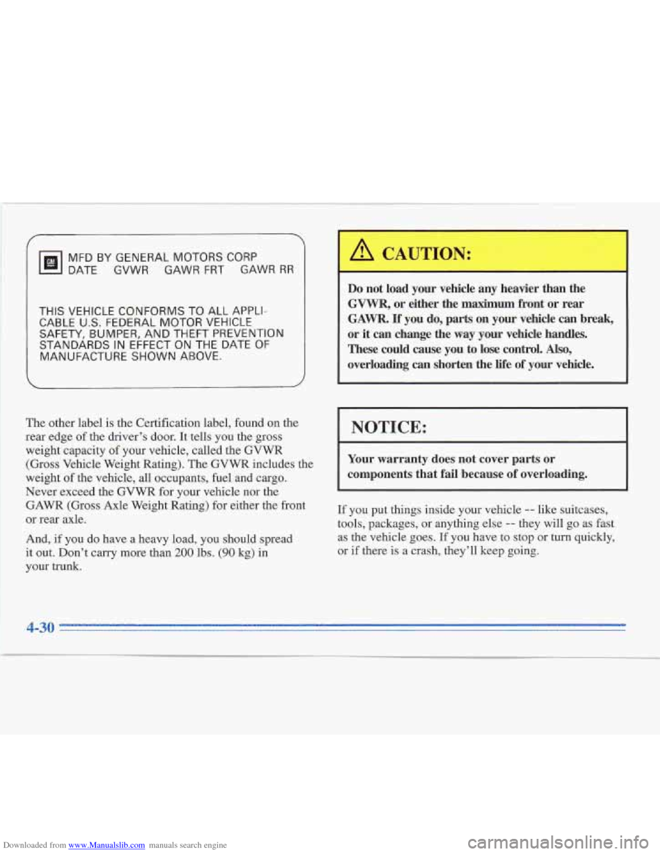CADILLAC FLEETWOOD 1995 2.G Owners Manual Downloaded from www.Manualslib.com manuals search engine MFDBYGENERALMOTORSCORP
DATE GVWR GAWR
FRT GAWR RR
THIS VEHICLE CONFORMS TO ALL APPLI-
CABLE U.S. FEDERAL MOTOR VEHICLE
SAFETY, BUMPER, CADILLAC FLEETWOOD 1995 2.G Owners Manual Downloaded from www.Manualslib.com manuals search engine MFDBYGENERALMOTORSCORP
DATE GVWR GAWR
FRT GAWR RR
THIS VEHICLE CONFORMS TO ALL APPLI-
CABLE U.S. FEDERAL MOTOR VEHICLE
SAFETY, BUMPER,