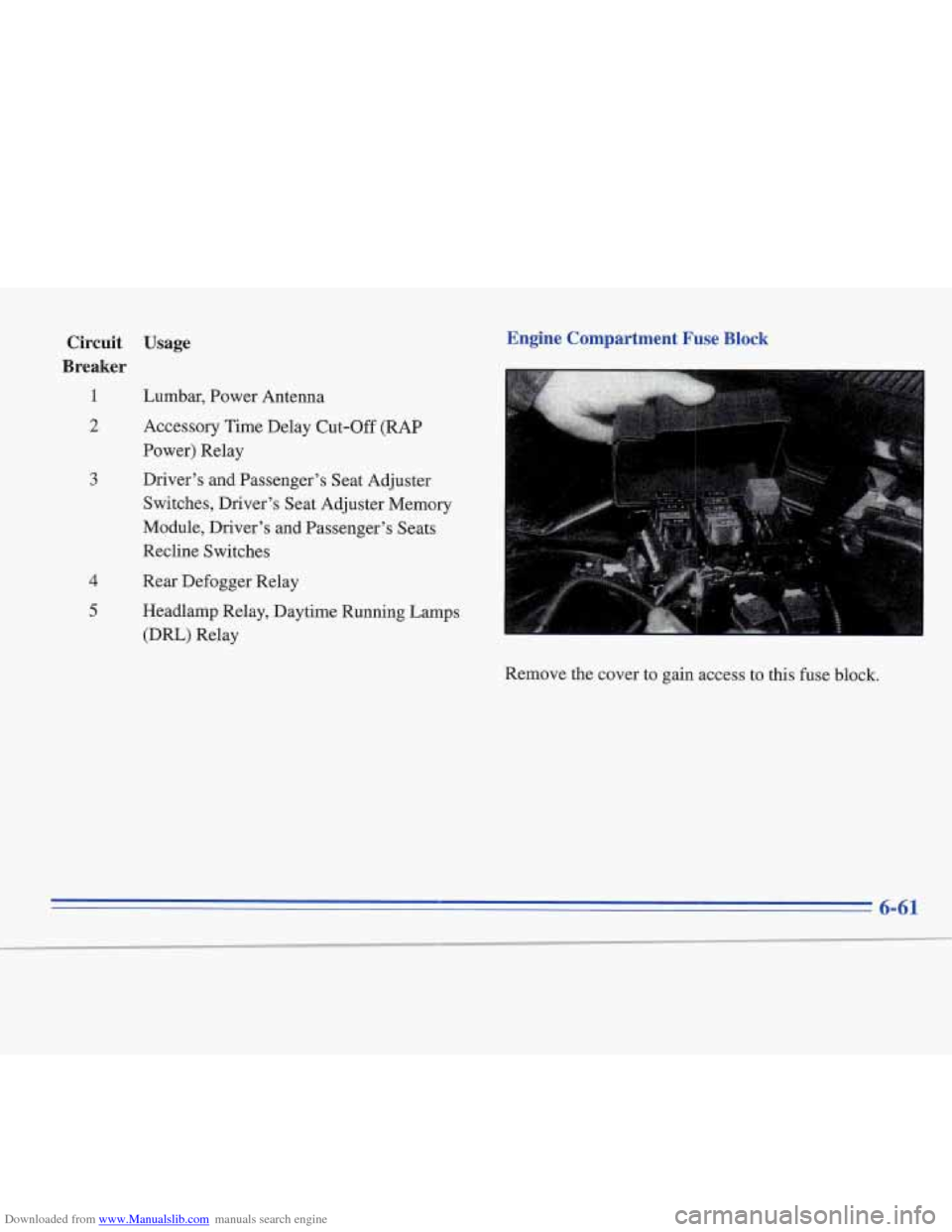 CADILLAC FLEETWOOD 1995 2.G Owners Manual Downloaded from www.Manualslib.com manuals search engine Circuit  Usage 
Breaker 
1 Lumbar, Power Antenna 
2 
3 
4 
5 
Accessory Time Delay Cut-Off (RAP 
Power) Relay 
Driver’s and  Passenger’s  S