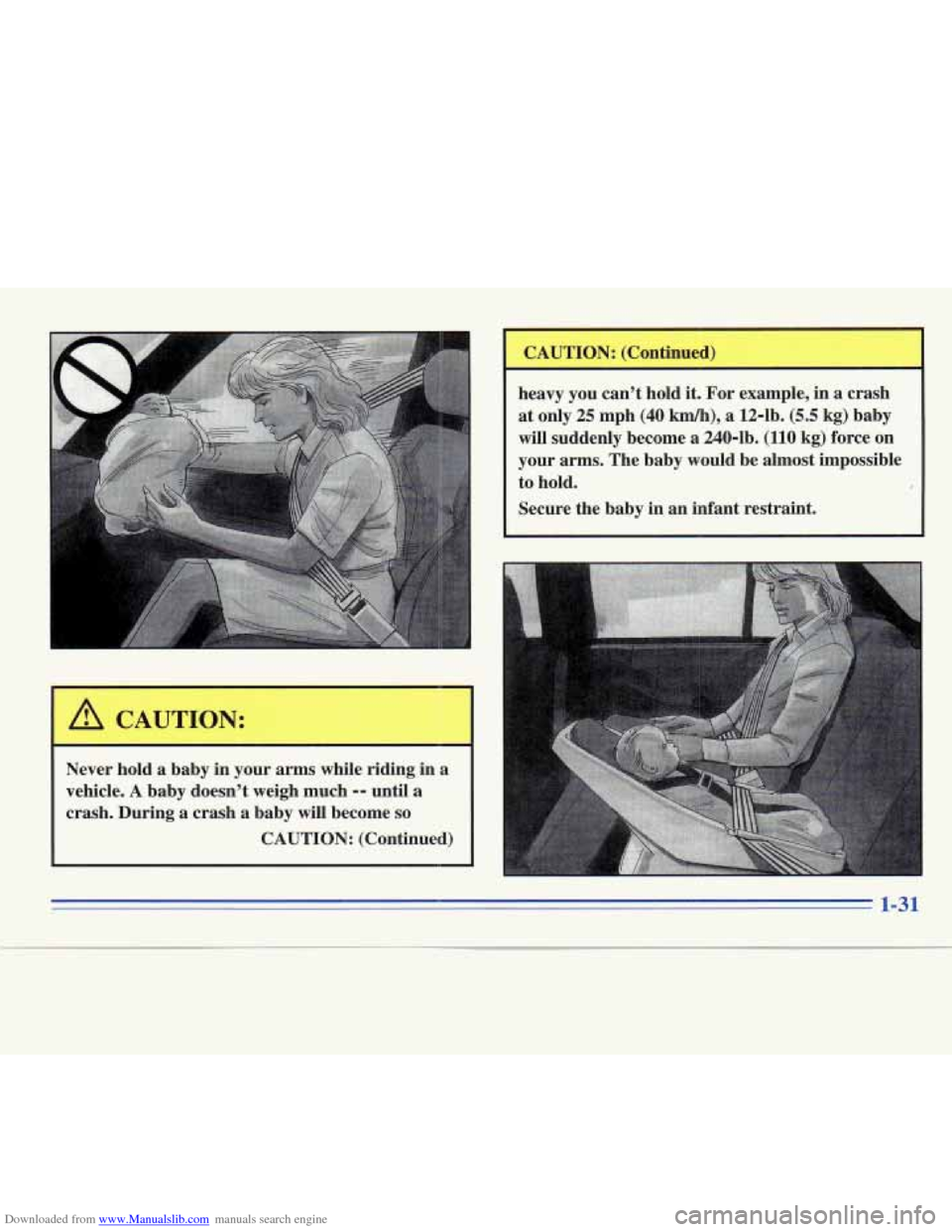 CADILLAC FLEETWOOD 1995 2.G Owners Manual Downloaded from www.Manualslib.com manuals search engine Never  hold  a  baby  in  your  arms  while  riding  in  a 
vehicle. 
A baby  doesnt  weigh  much -- until  a 
crash.  During  a  crash  a  ba