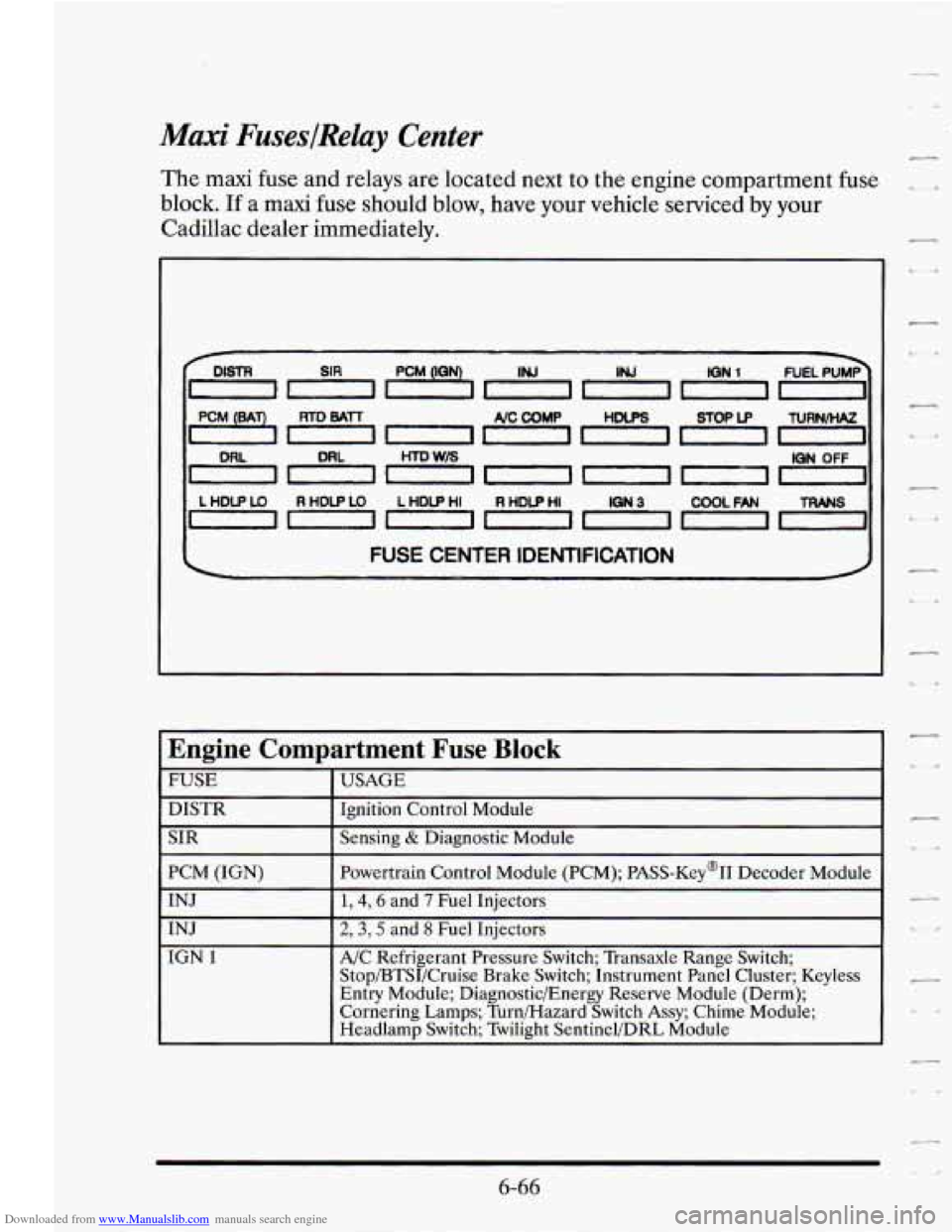 CADILLAC SEVILLE 1995 4.G Owners Manual Downloaded from www.Manualslib.com manuals search engine Mai FuseslRelay Center 
The maxi fuse and relays are located  next to  the  engine  compartment  fuse 
block. 
If a  maxi  fuse should  blow,  