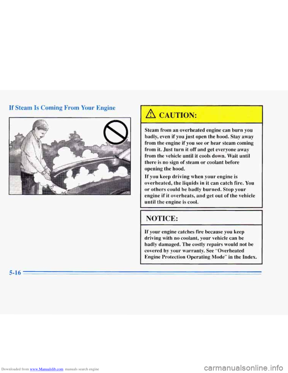 CADILLAC ELDORADO 1996 10.G Owners Manual Downloaded from www.Manualslib.com manuals search engine If Steam Is Coming From Your Engine 
Steam  from  an  overheated  engine  can  burn you 
badly,  even if you  just  open  the  hood. Stay  away