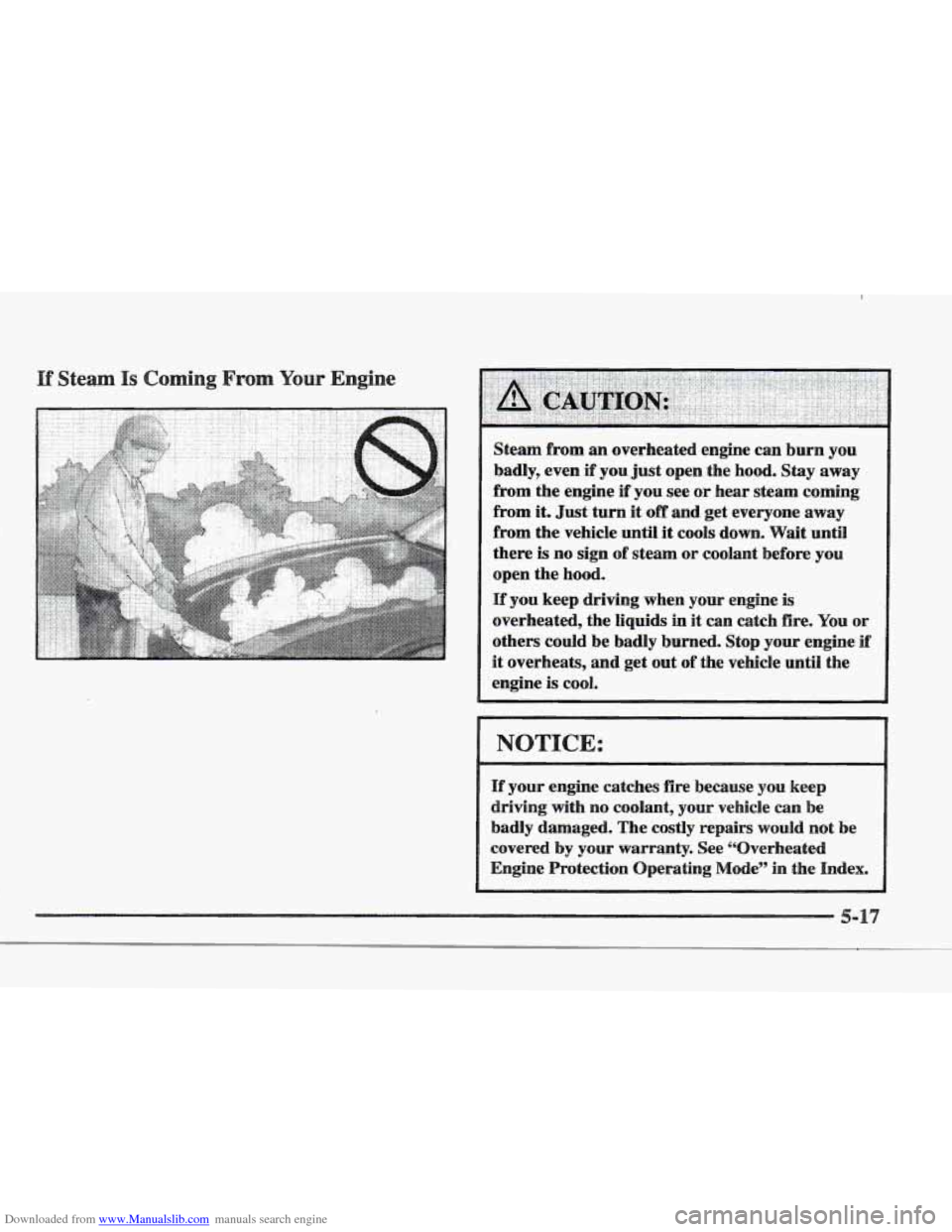 CADILLAC ELDORADO 1997 10.G Owners Manual Downloaded from www.Manualslib.com manuals search engine L 
Steam  from an overheated engine can  burn  you 
badly,  even 
if you  just  open  the hood.  Stay away 
from  the  engine  if you  see or  