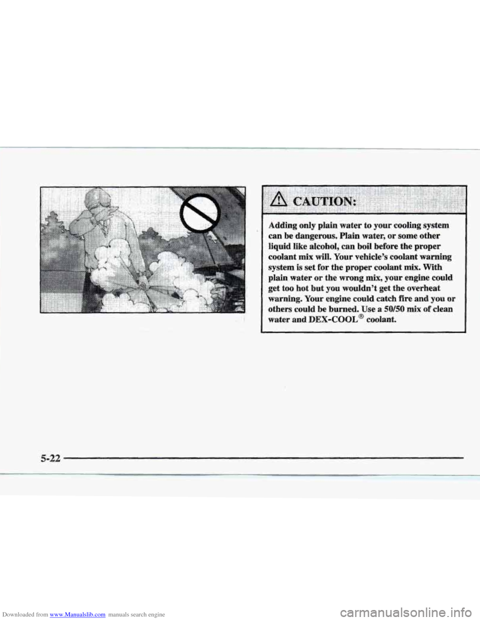 CADILLAC ELDORADO 1997 10.G Owners Manual Downloaded from www.Manualslib.com manuals search engine I 
Adding only plain  water  to  your  cooling  system 
can  be  dangerous.  Plain  water, 
or some  other 
liquid  like  alcohol,  can  boil  